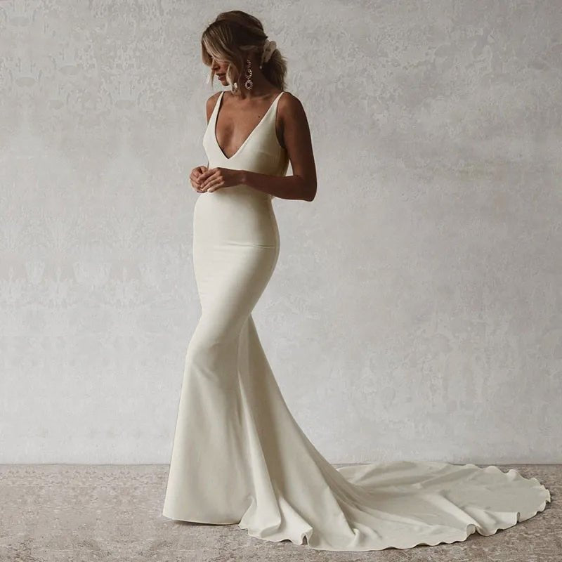 Ivory Sexy Open Back Boho Mermaid Wedding Dress Front