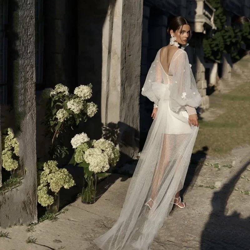 Mini Tulle Wedding Dress with Long-Sleeves and Sweep Train back view