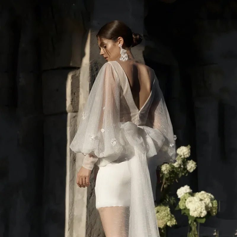 Mini Tulle Wedding Dress with Long-Sleeves and Sweep Train back zoomed-in