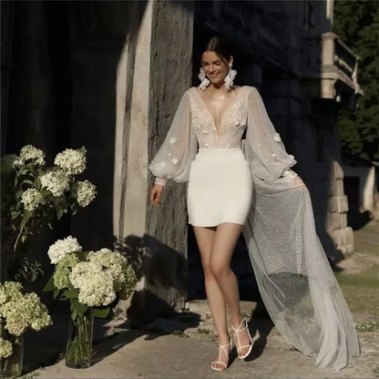 Ivory Mini Tulle Wedding Dress with Long-Sleeves and Sweep Train front view