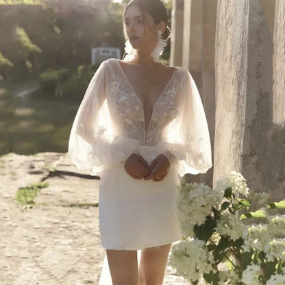 Mini Tulle Wedding Dress with Long-Sleeves and Sweep Train front close-up