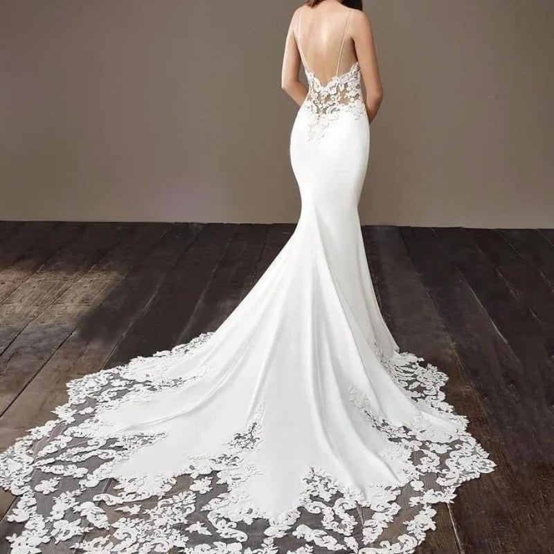 Modern Satin and Lace Mermaid Wedding Dress rear view