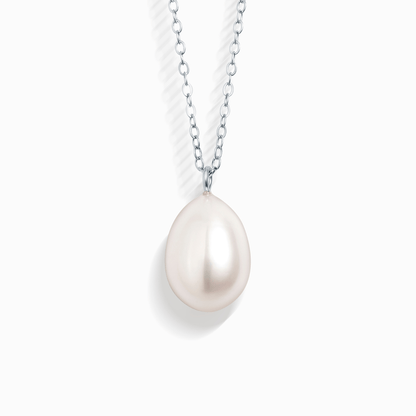 A single pearl pendant necklace with a white tear-drop shaped pearl on a silver chain.