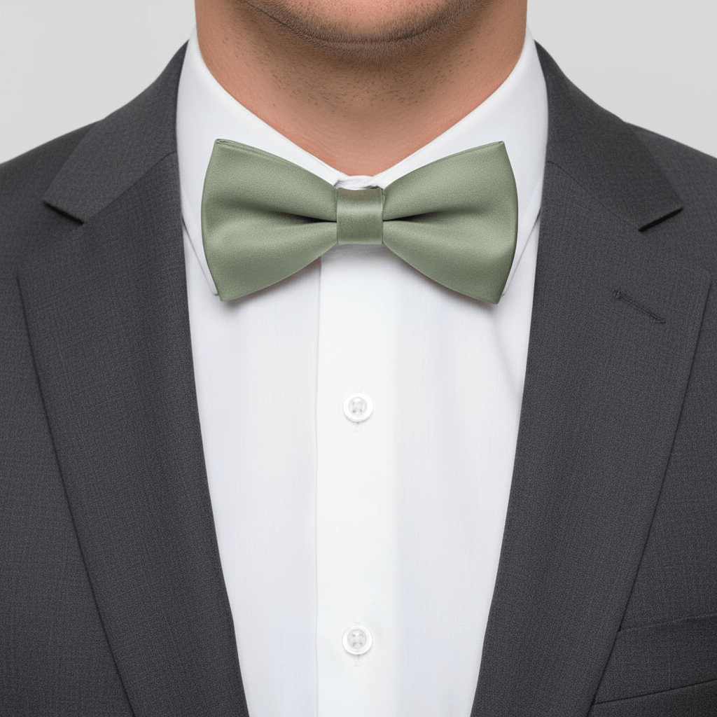 Person wearing a green bow tie with a gray suit and white shirt.