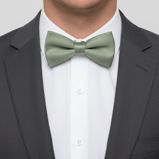Person wearing a green bow tie with a gray suit and white shirt.
