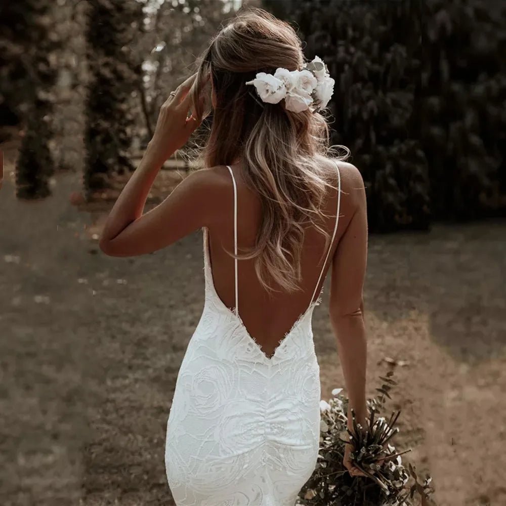 Sexy Backless Lace Boho Mermaid Wedding Dress back close-up