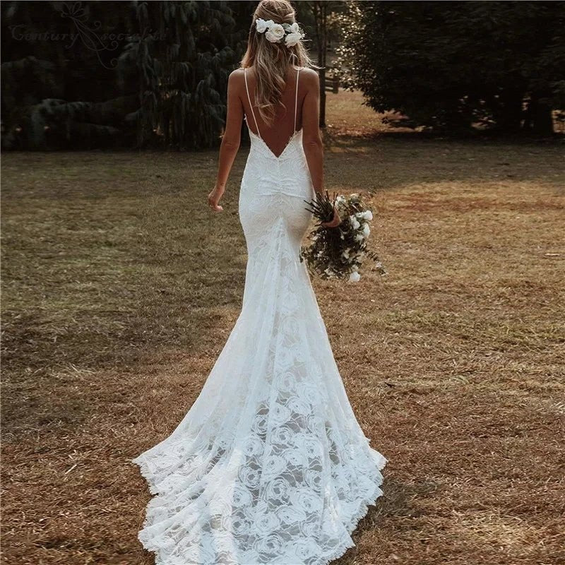 Sexy Backless Lace Boho Mermaid Wedding Dress full back view