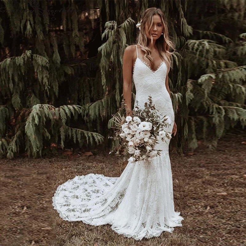 Bride wearing Sexy White Backless Lace Boho Mermaid Wedding Dress full front view