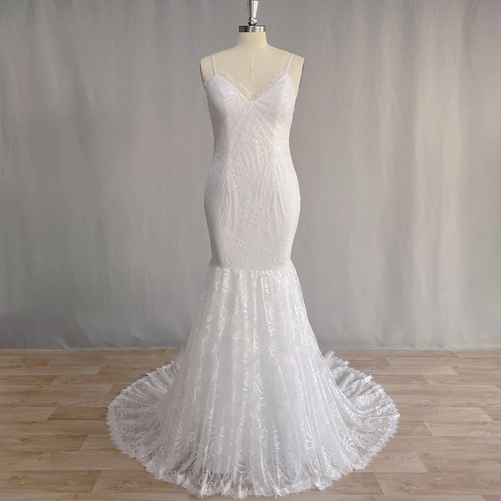 Sexy Backless Lace Boho Mermaid Wedding Dress mannequin full front view