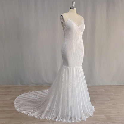 Sexy Backless Lace Boho Mermaid Wedding Dress mannequin side view