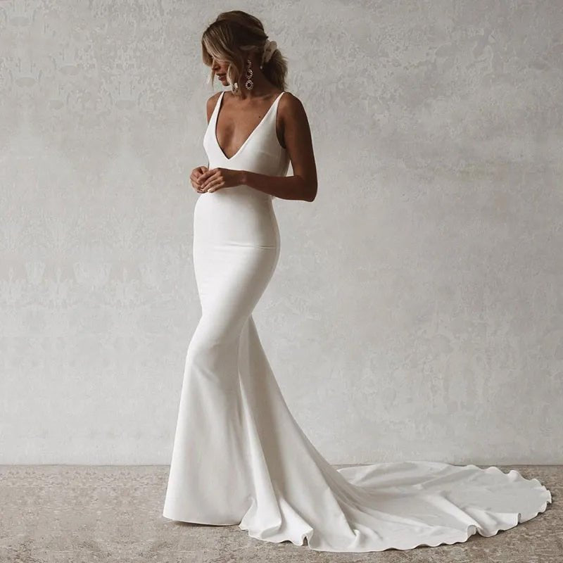 Bride wearing White Sexy Open Back Boho Mermaid Wedding Dress Front view