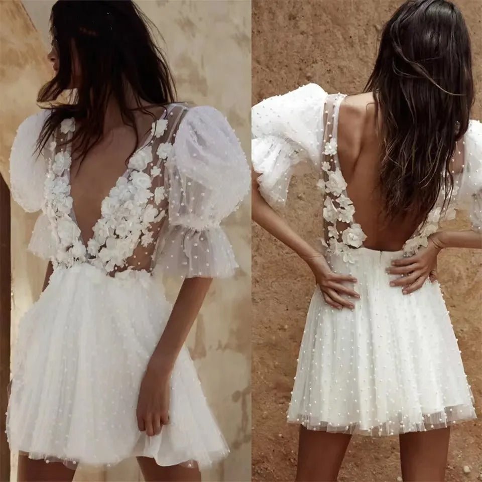 Short Sexy Wedding Dress with Plunging V-Neck split image of front and back