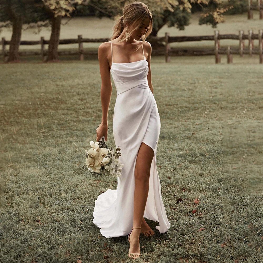 Bride in a field wearing Ivory Simple Backless Mermaid Wedding Dress