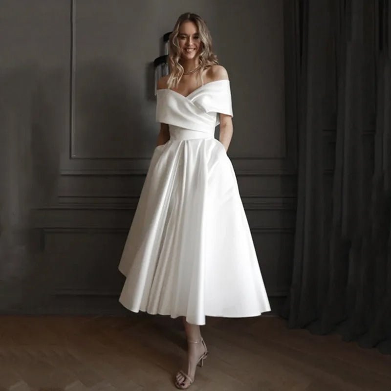 White A-Line Ankle Length Off-The-Shoulder Wedding Dress front view