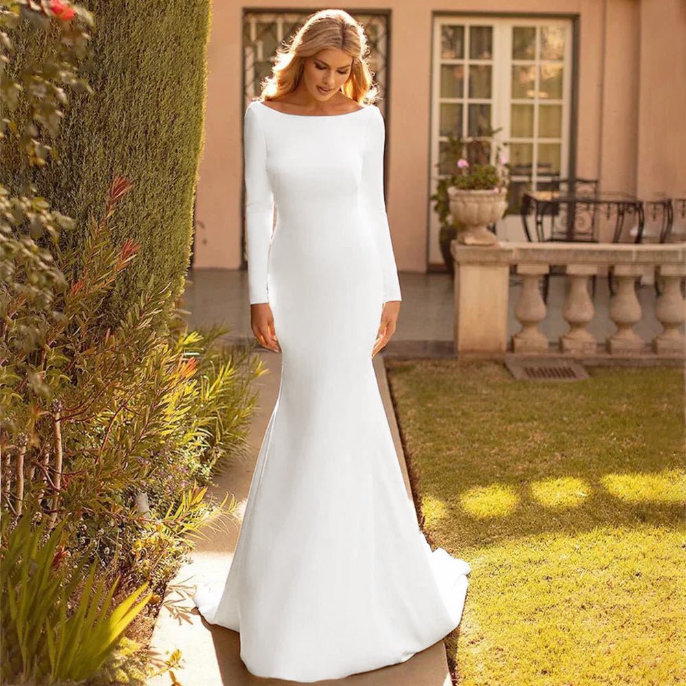 White Elegant Satin Mermaid Wedding Dress front view