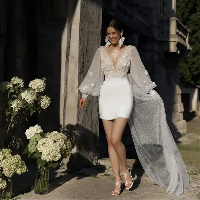 White Mini Tulle Wedding Dress with Long-Sleeves and Sweep Train front view