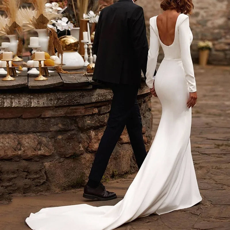 White Satin Backless Mermaid Wedding Dress with Long Sleeves back side view