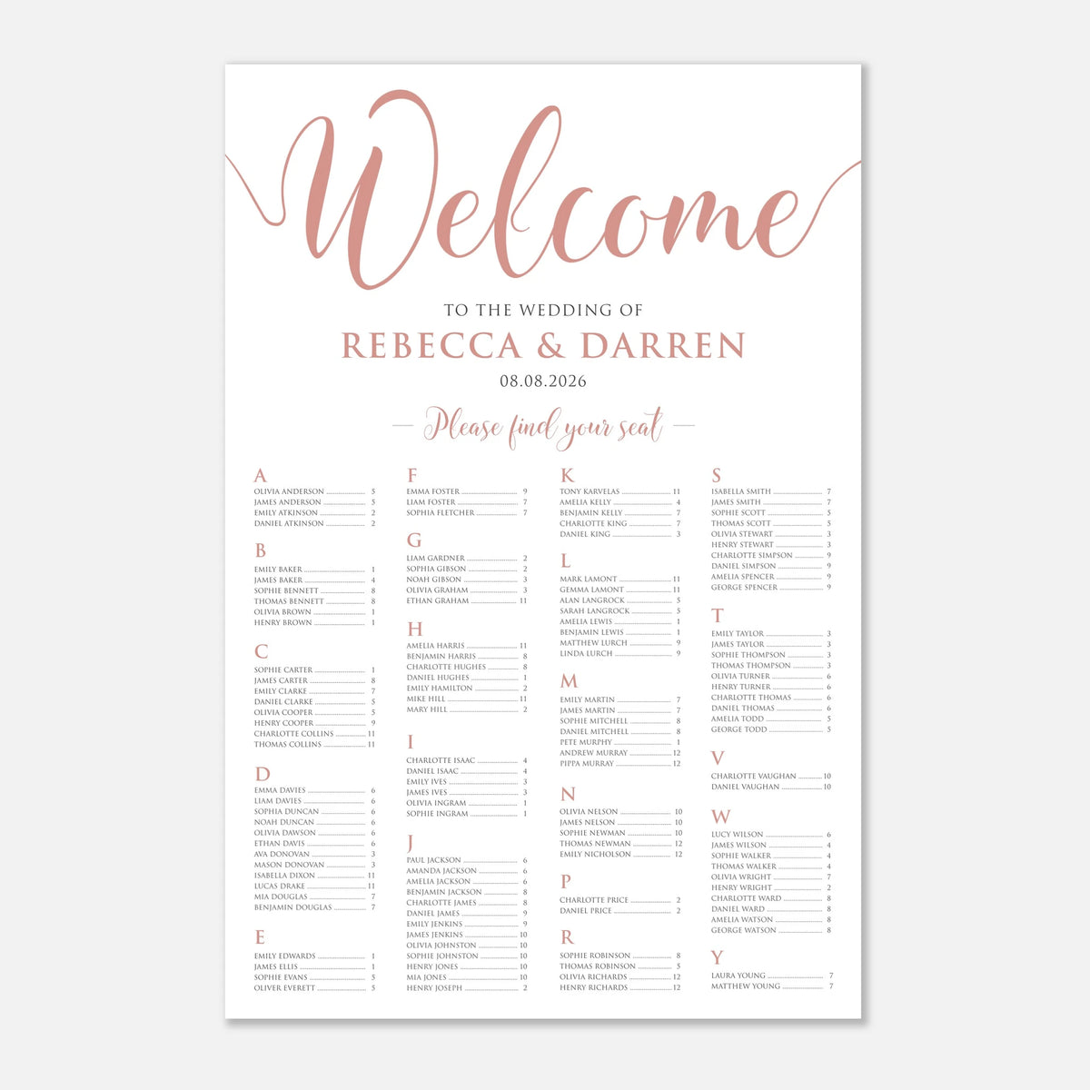 A wedding welcome seating chart print with elegant rose gold script and serif text on a white background, featuring the names Rebecca & Darren and a seated guest list organized in columns.