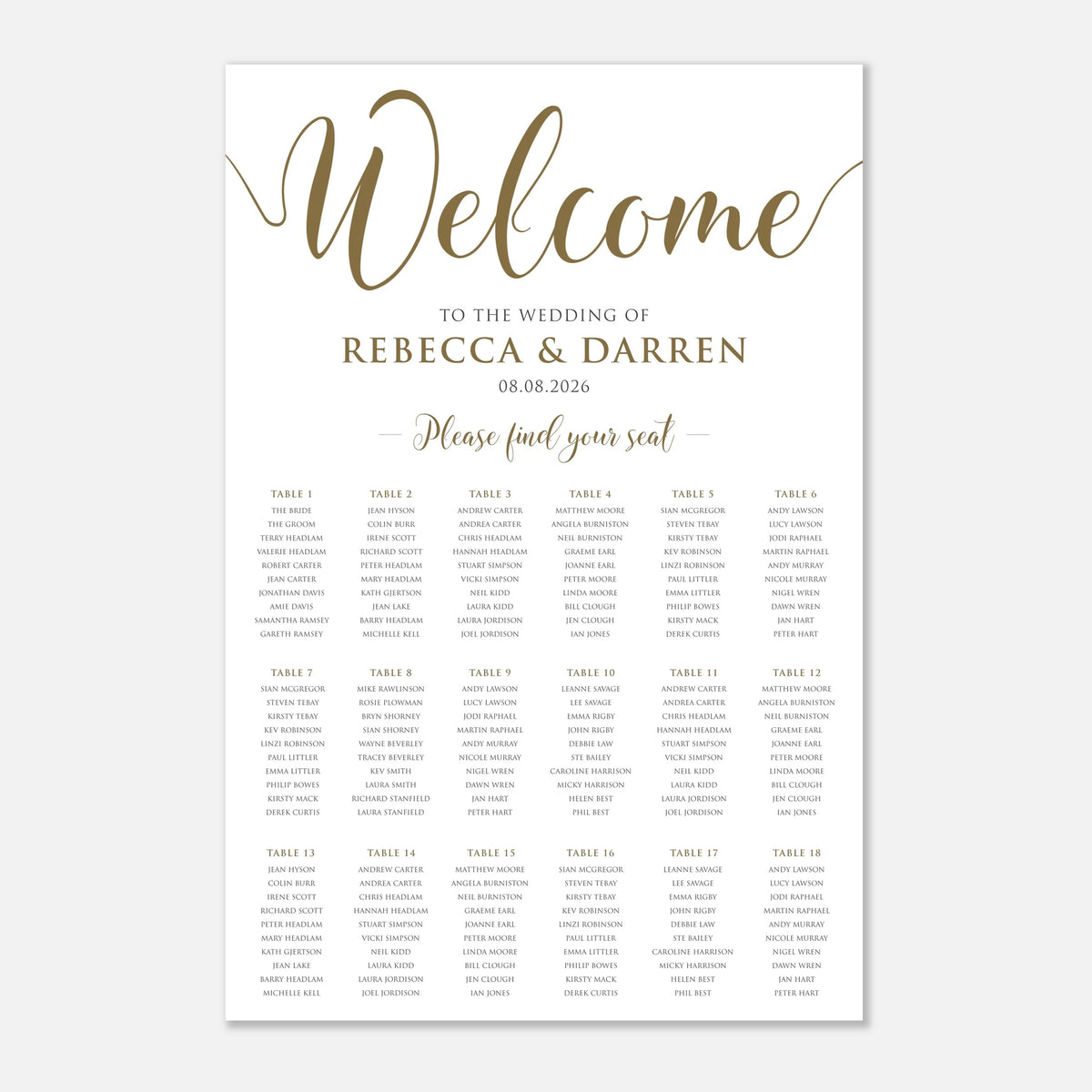 A wedding reception seating chart print with a white background, featuring elegant gold script and serif typography that reads 'Welcome to the wedding of Rebecca & Darren 08.08. with 18 tables.