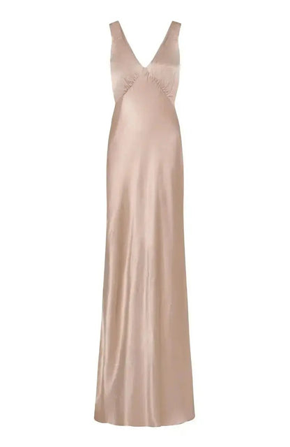 champagne satin bridesmaid evening gown on a white background