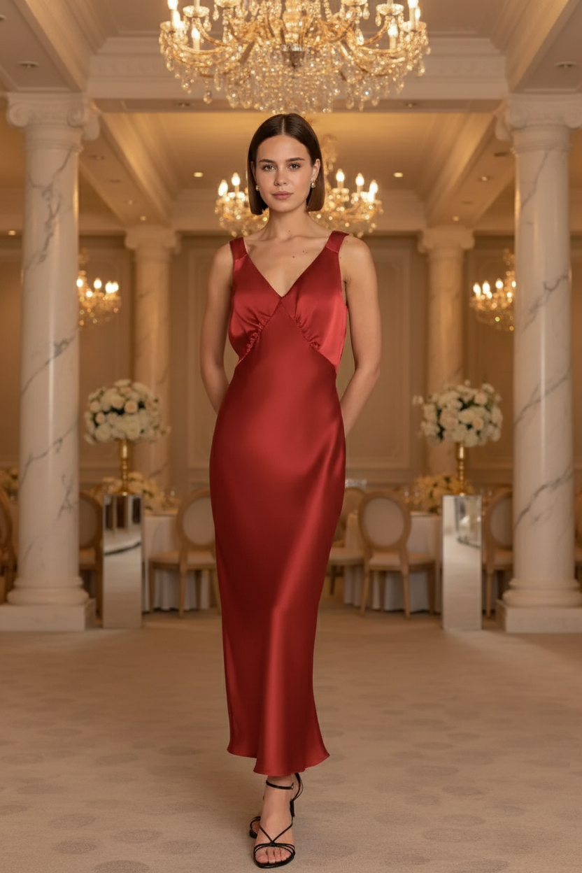 Bridesmaid in a chilli tomato red Bridesmaid dress standing in an elegant wedding venue with chandeliers and marble columns.