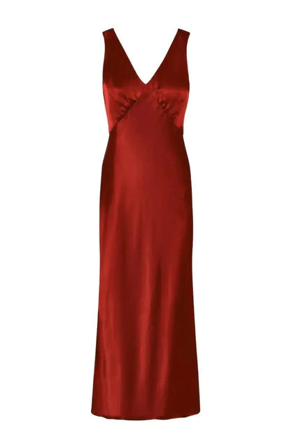 Red satin evening gown on a white background