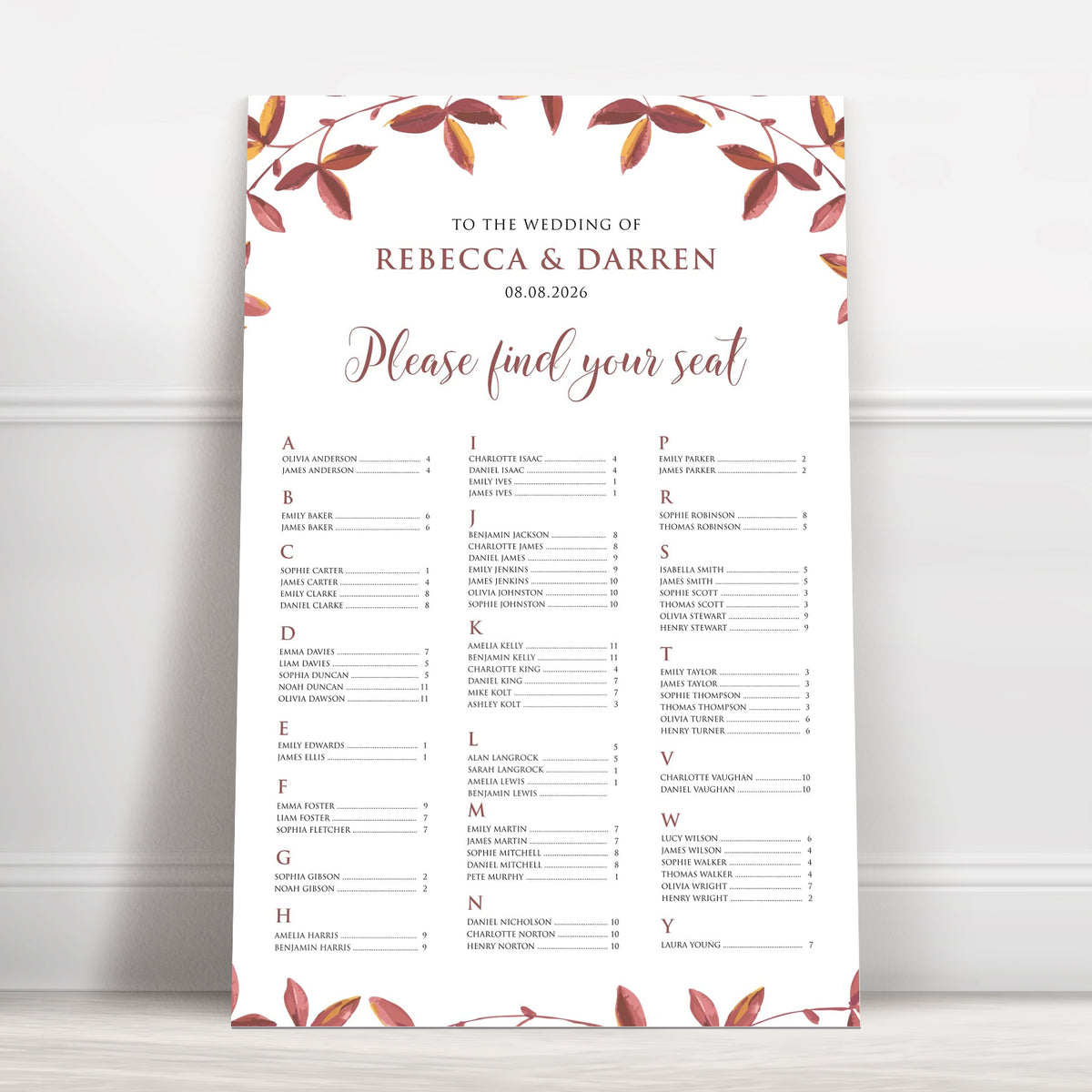 Autumnal Foliage Alphabetical Wedding Seating Chart – Personalised 24 × 36″ Foamboard