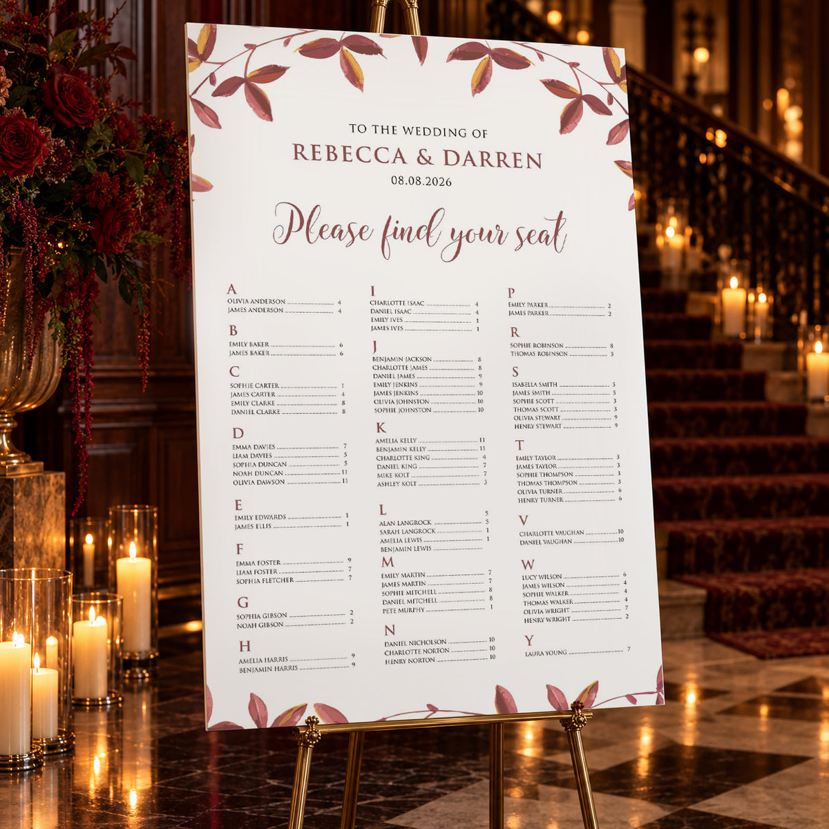Autumnal Foliage Alphabetical Wedding Seating Chart – Personalised 24 × 36″ Foamboard