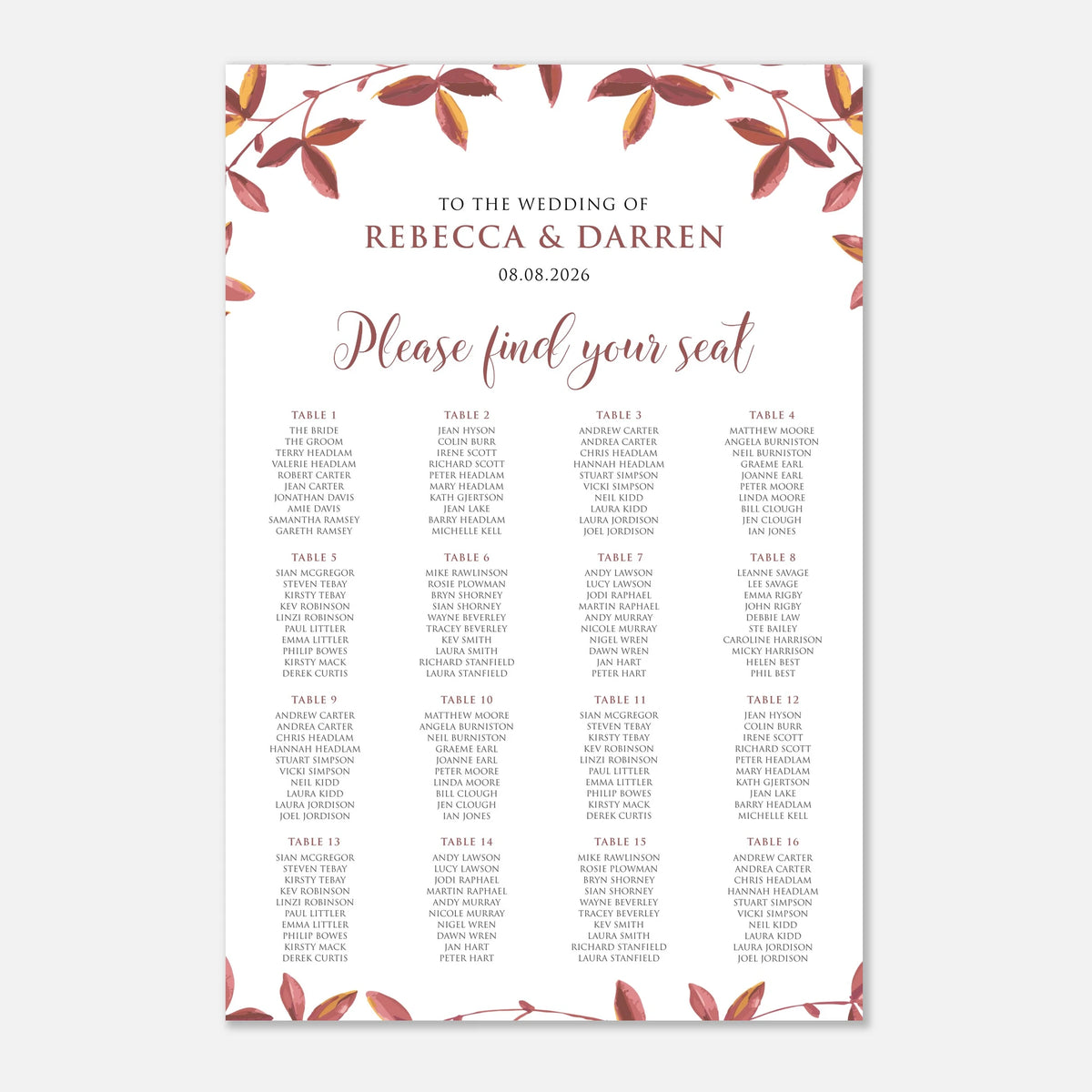 A wedding seating chart print with a white background, elegant floral leaf borders in muted red and brown tones, and 16 table names listed in small text under the heading 'Please find your seat' for the wedding of Rebecca & Darren.