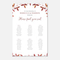 A wedding seating chart print with a white background, decorated with a border of muted red and brown leaves at the top and bottom. The center features the text 'TO THE WEDDING OF REBECCA & DARREN', the date '08. With 6 tables.