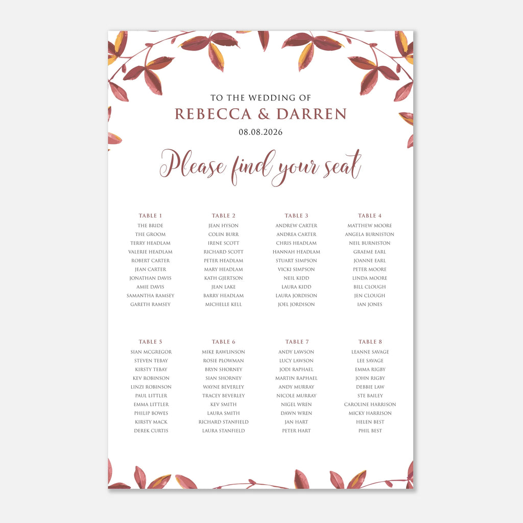 A wedding seating chart print with a white background, featuring a decorative top border of red and brown leaves, the text 'TO THE WEDDING OF REBECCA & DARREN 08.08. With 8 tables.