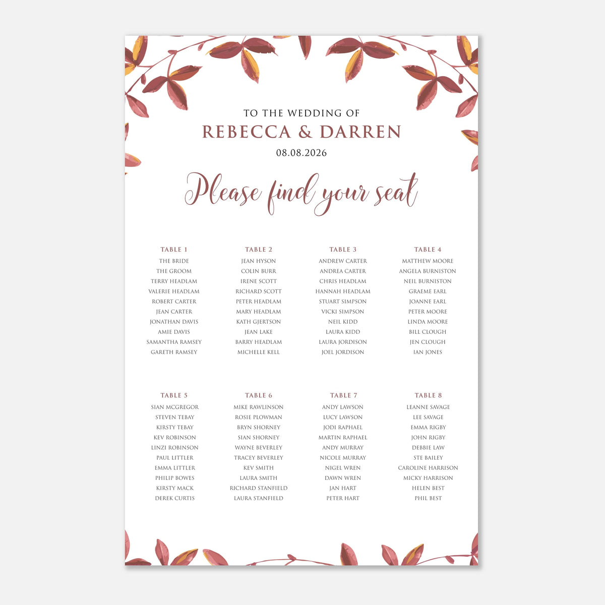 A wedding seating chart print with a white background, featuring a decorative top border of red and brown leaves, the text 'TO THE WEDDING OF REBECCA & DARREN 08.08. With 8 tables.