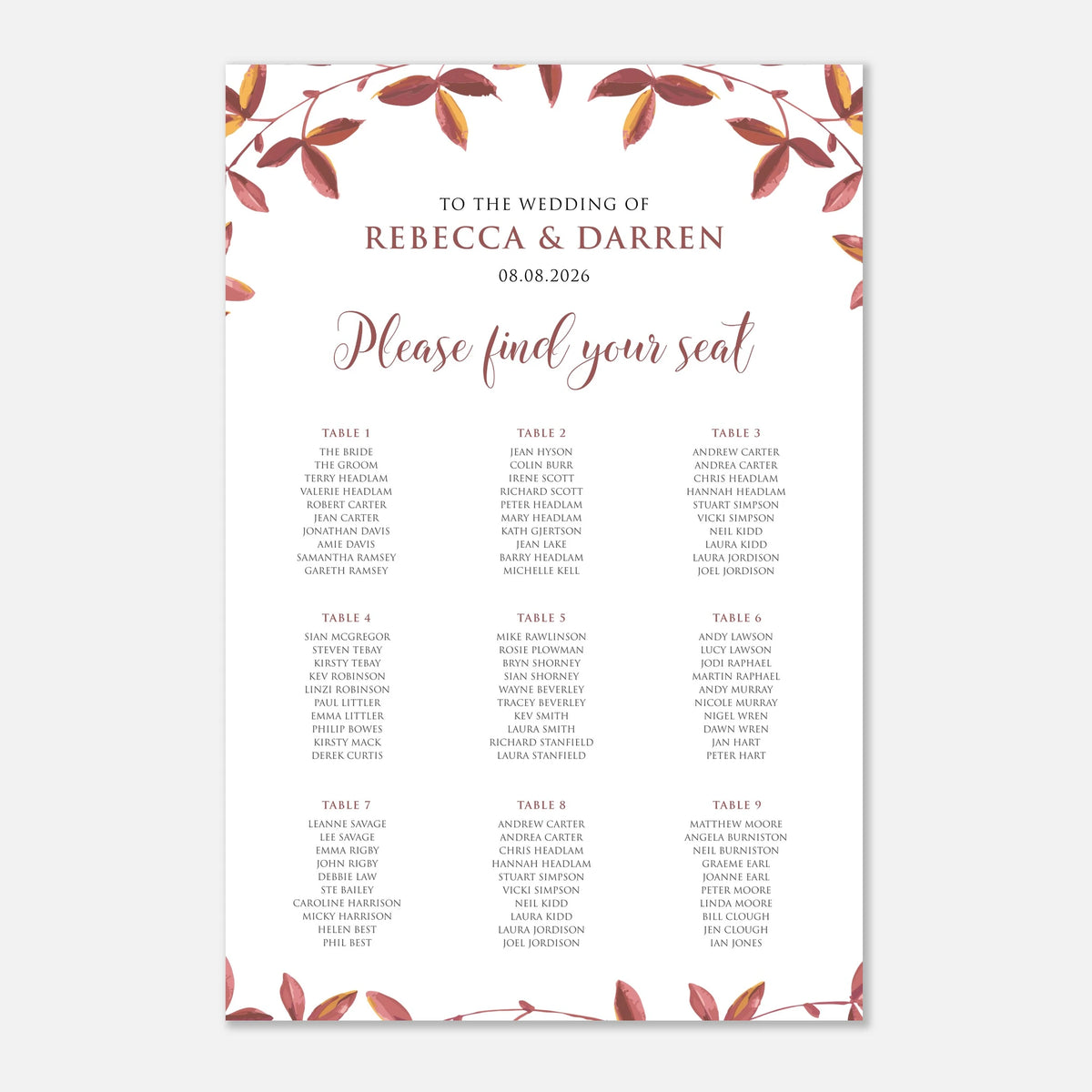 A wedding seating chart print with a white background, decorated with a border of red and brown autumn leaves. The text reads 'TO THE WEDDING OF REBECCA AND DARREN 08. With 9 tables.