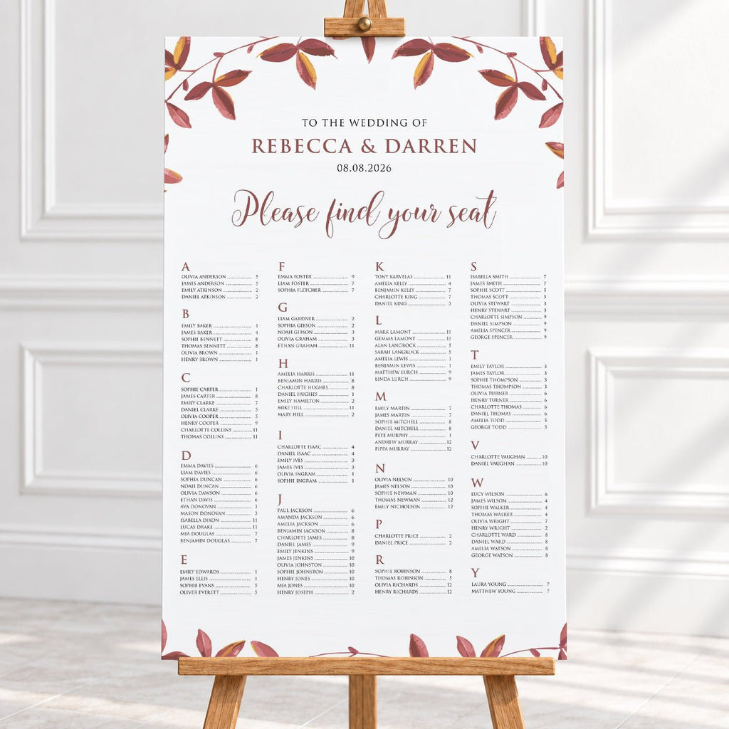Autumnal Foliage Alphabetical Wedding Seating Chart – Personalised 24 × 36″