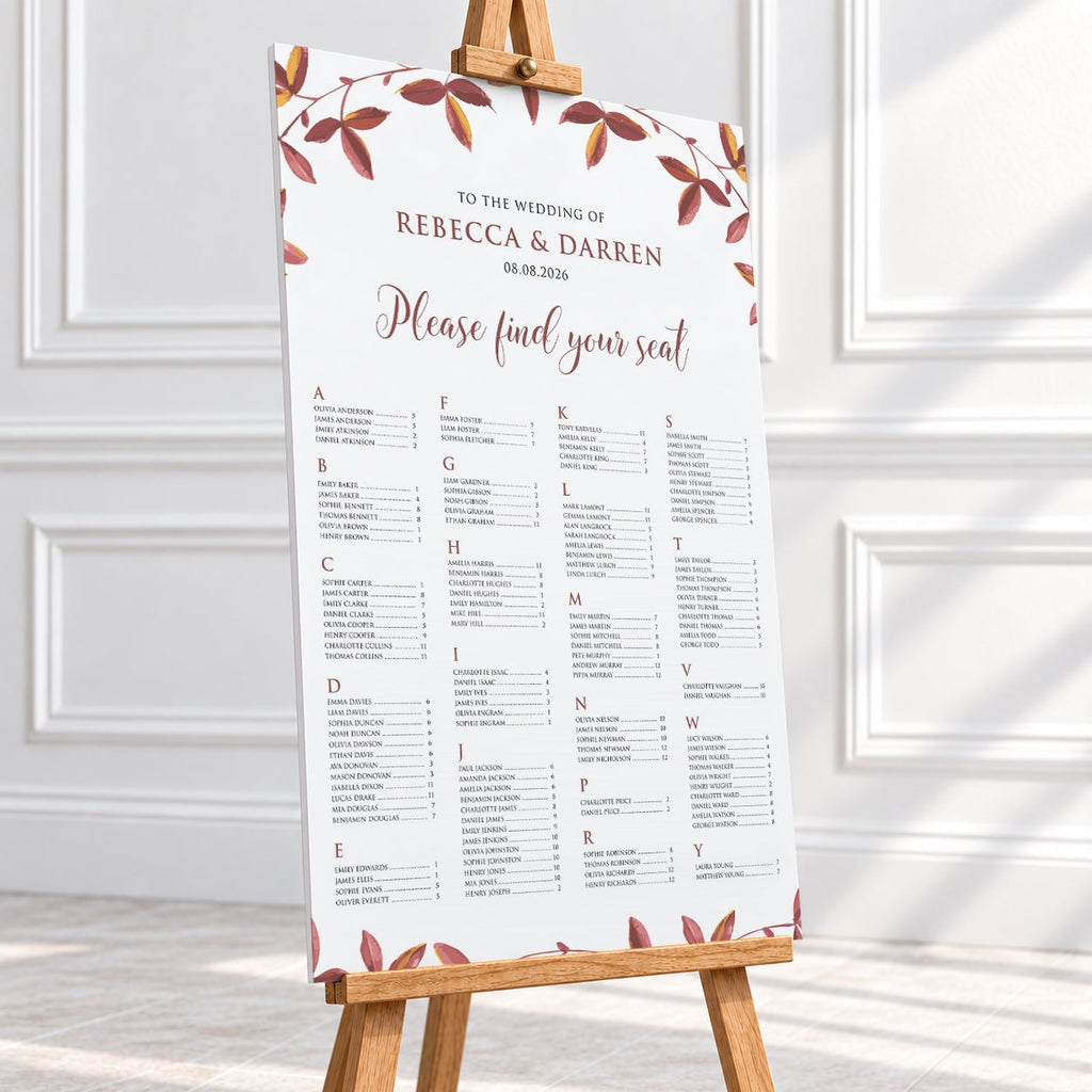 Autumnal Foliage Alphabetical Wedding Seating Chart – Personalised 24 × 36″