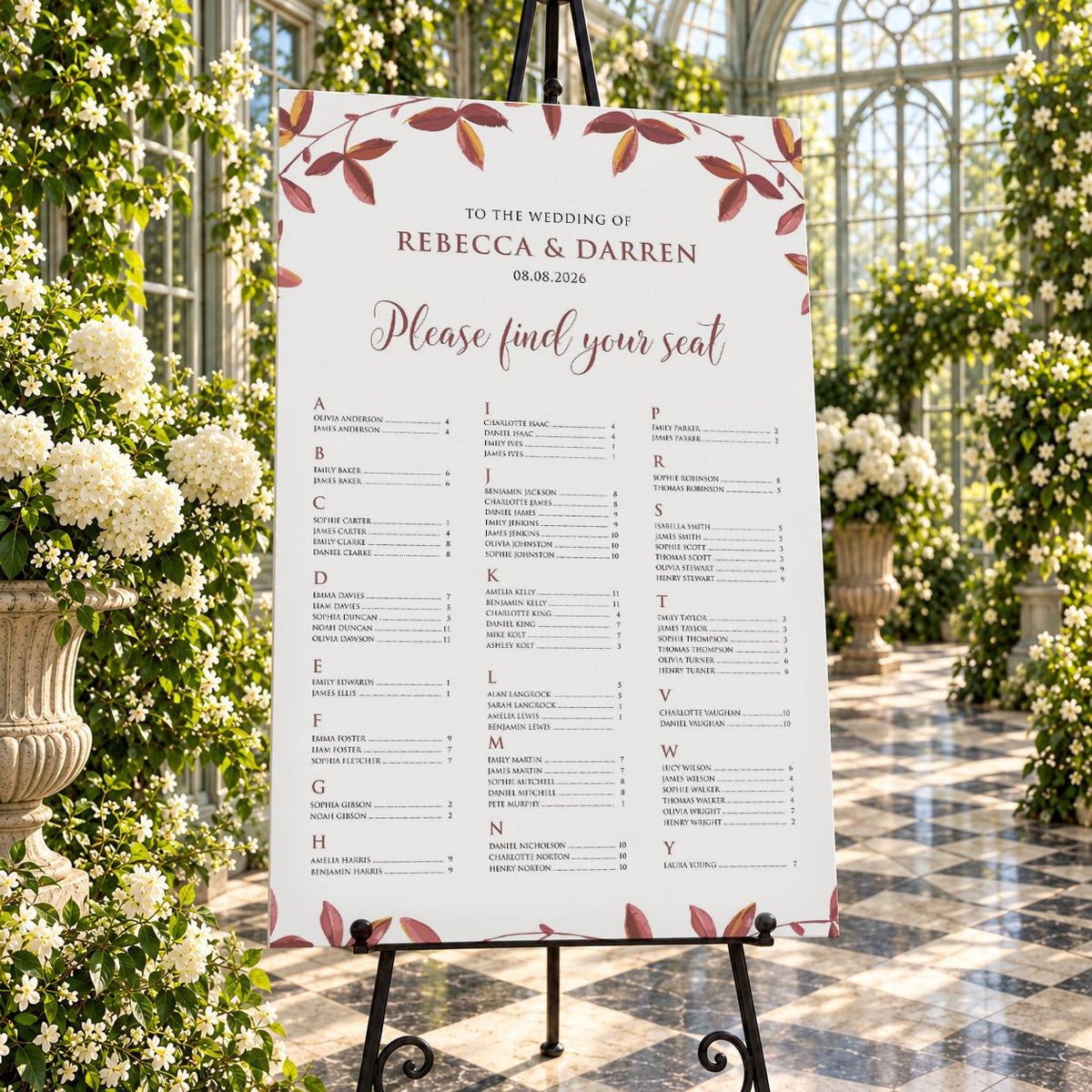 Autumnal Foliage Alphabetical Wedding Seating Chart – Personalised 24 × 36″ Foamboard - We Do Bou