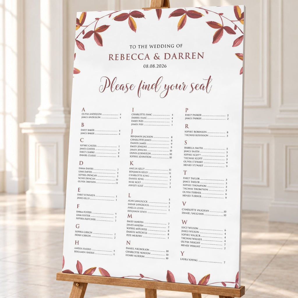 Autumnal Foliage Alphabetical Wedding Seating Chart – Personalised 24 × 36″ Foamboard - We Do Bou