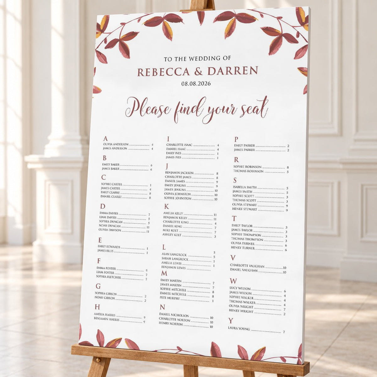 Autumnal Foliage Alphabetical Wedding Seating Chart – Personalised 24 × 36″ Foamboard - We Do Bou