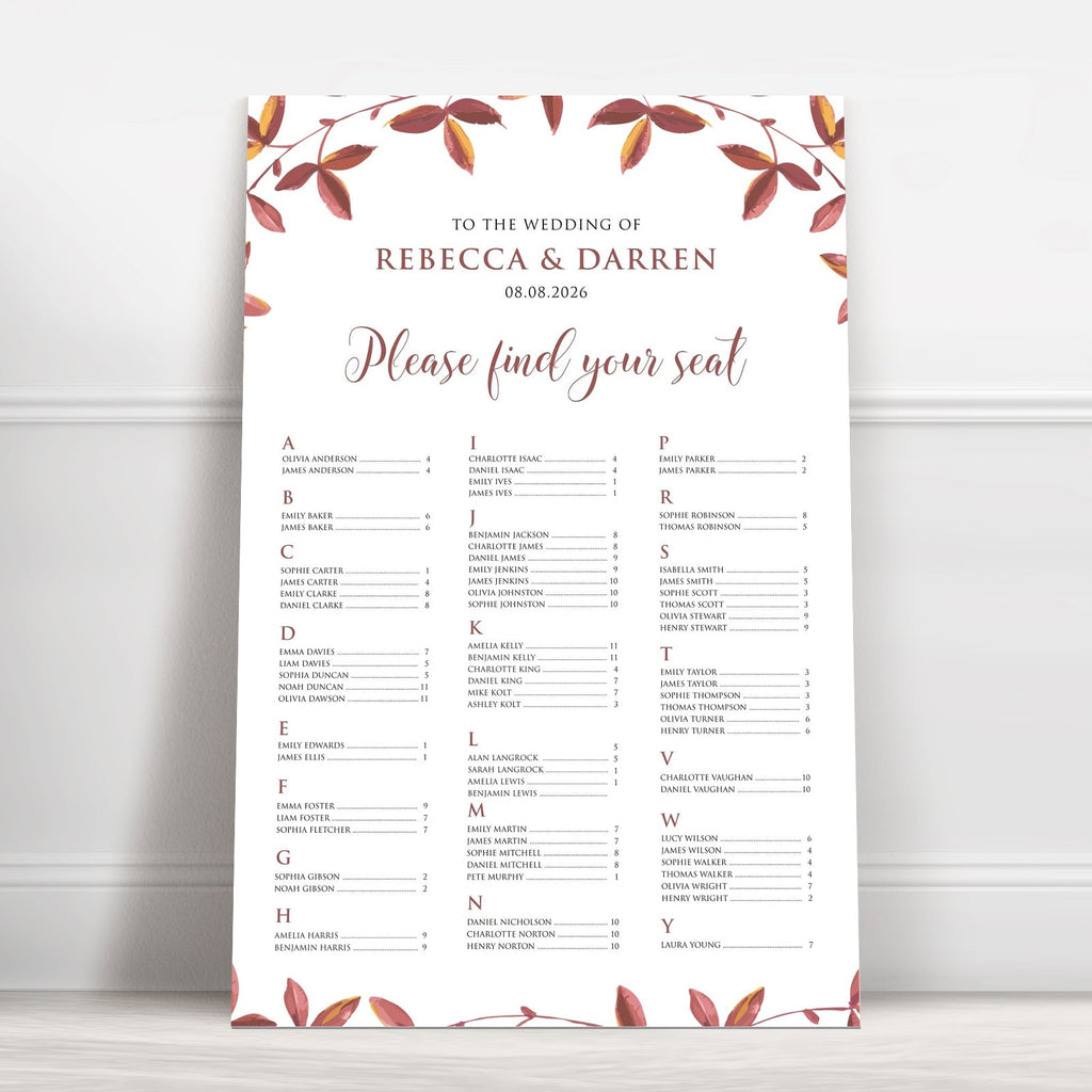 Autumnal Foliage Alphabetical Wedding Seating Chart – Personalised 24 × 36″ Foamboard - We Do Bou