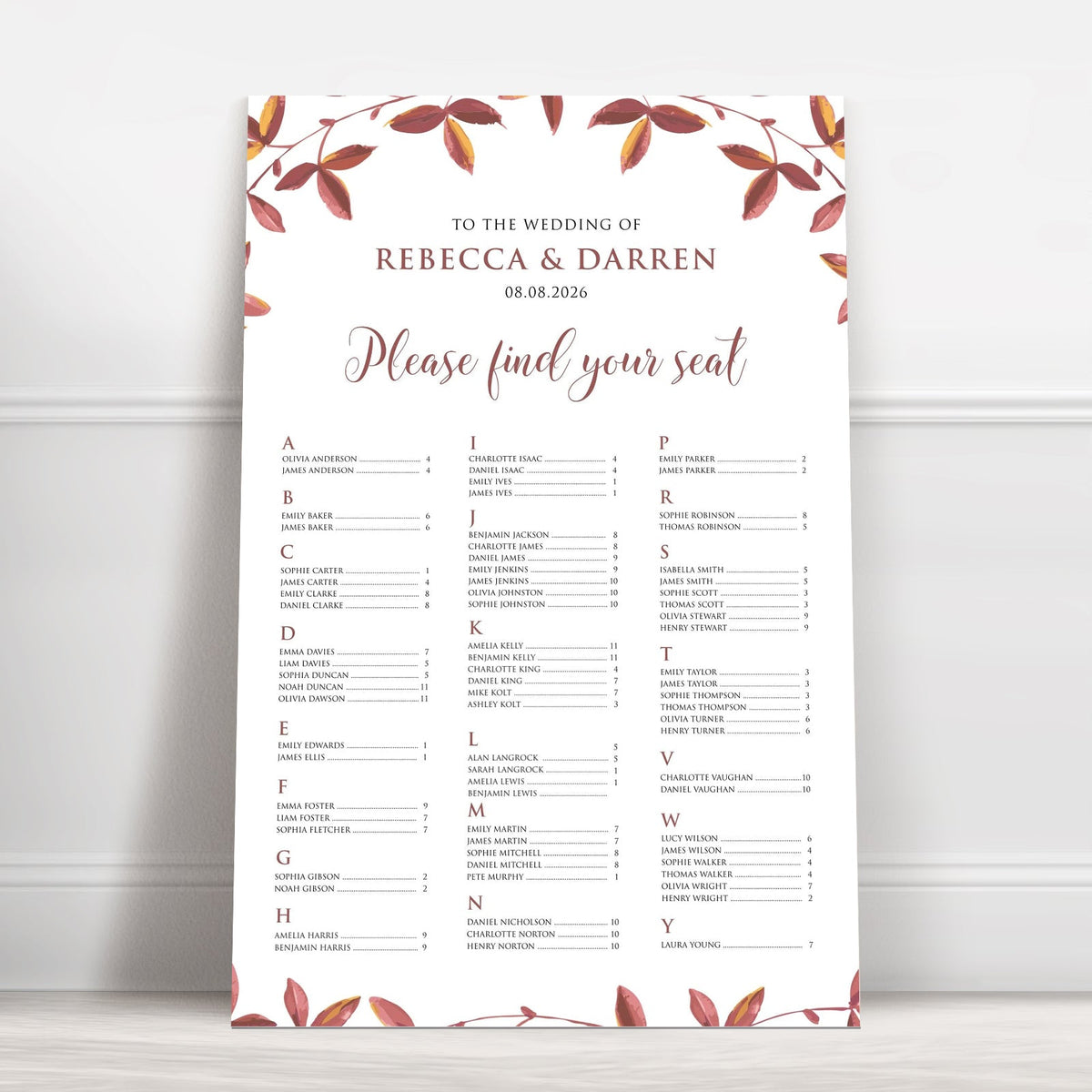 Autumnal Foliage Alphabetical Wedding Seating Chart – Personalised 24 × 36″ Foamboard - We Do Bou