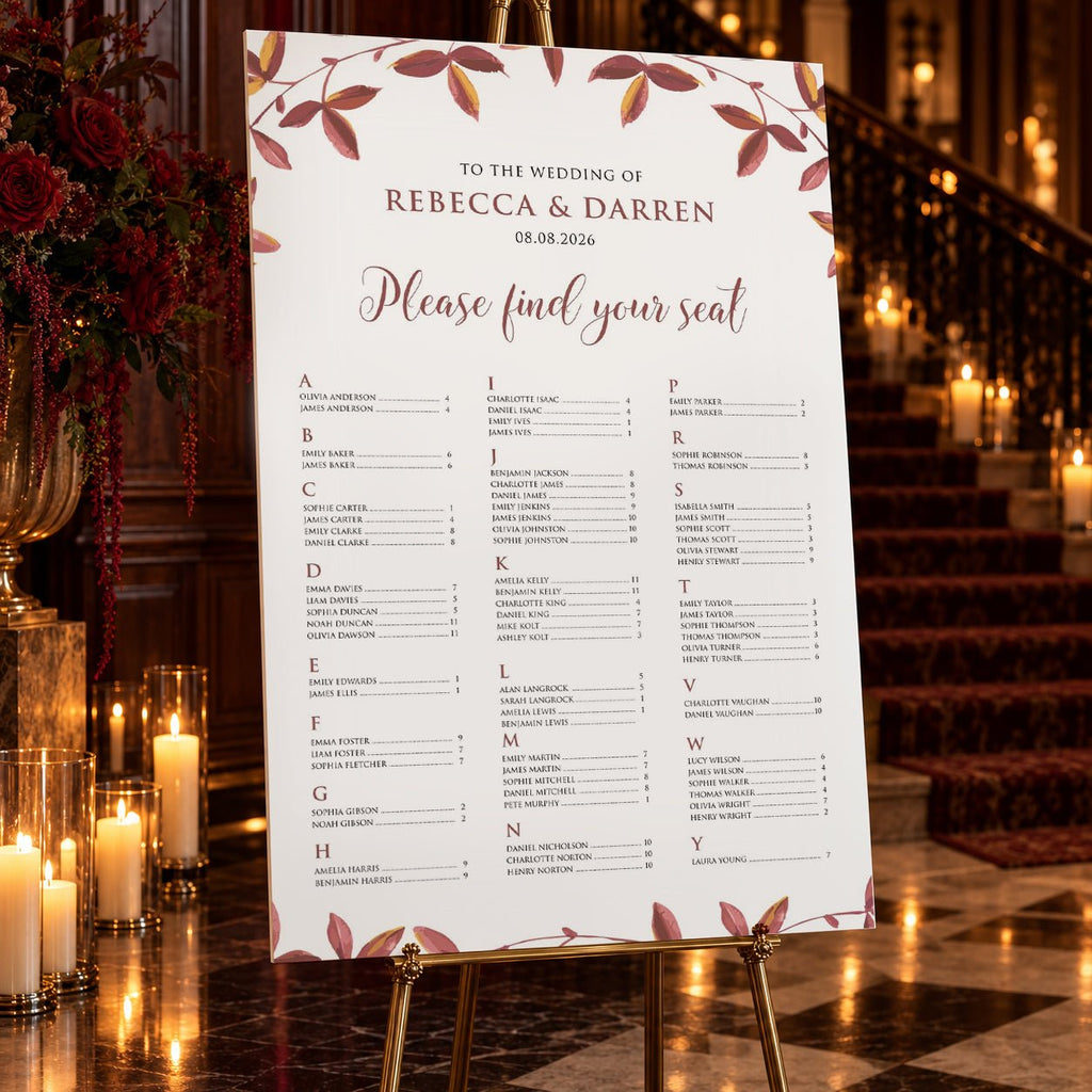 Autumnal Foliage Alphabetical Wedding Seating Chart – Personalised 24 × 36″ Foamboard - We Do Bou