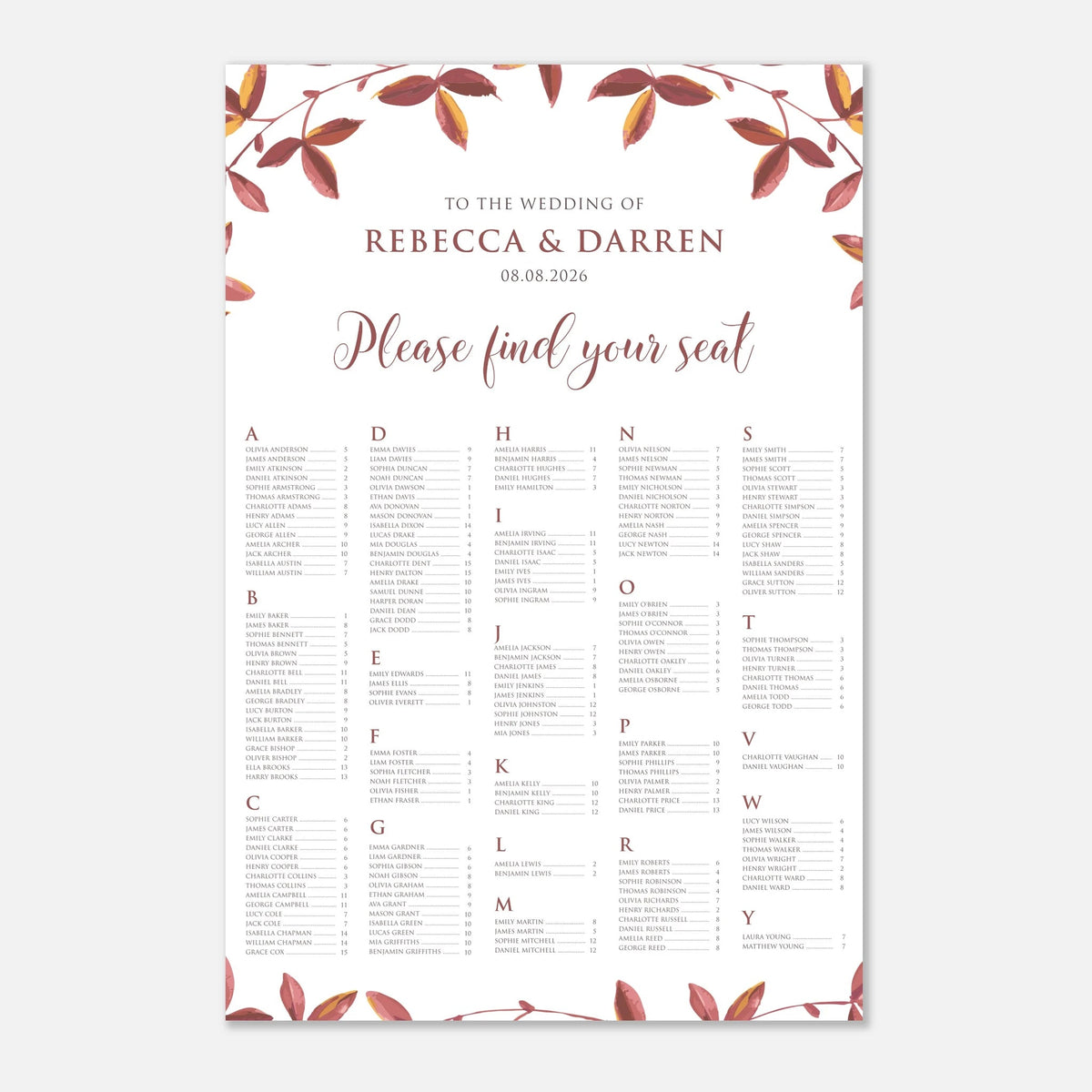 A wedding guest list seating chart print with a white background, elegant floral leaf border in muted red and brown tones, and cursive text reading 'Please find your seat' above a grid of lettered name blocks.