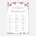 A wedding seating chart print with a white background, elegant rose gold script text, and watercolor-style botanical leaf borders in muted terracotta and sage green at the top and bottom. The text reads 'TO THE WEDDING OF REBECCA & DARREN 08.