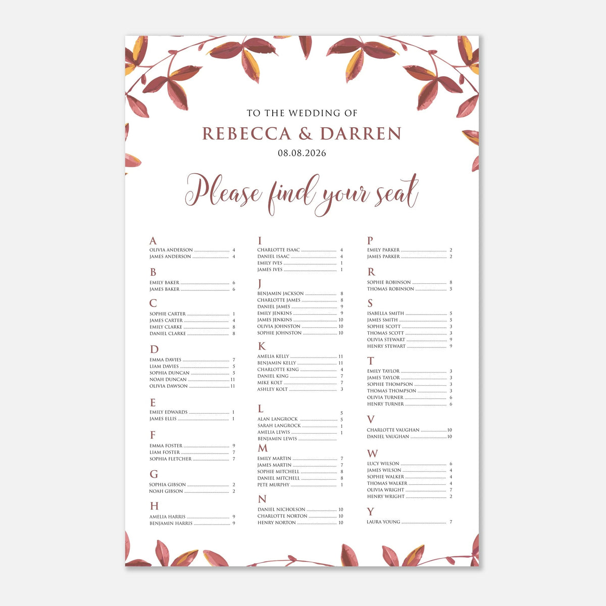 A wedding seating chart print with a white background, elegant rose gold script text, and watercolor-style botanical leaf borders in muted terracotta and sage green at the top and bottom. The text reads 'TO THE WEDDING OF REBECCA & DARREN 08.