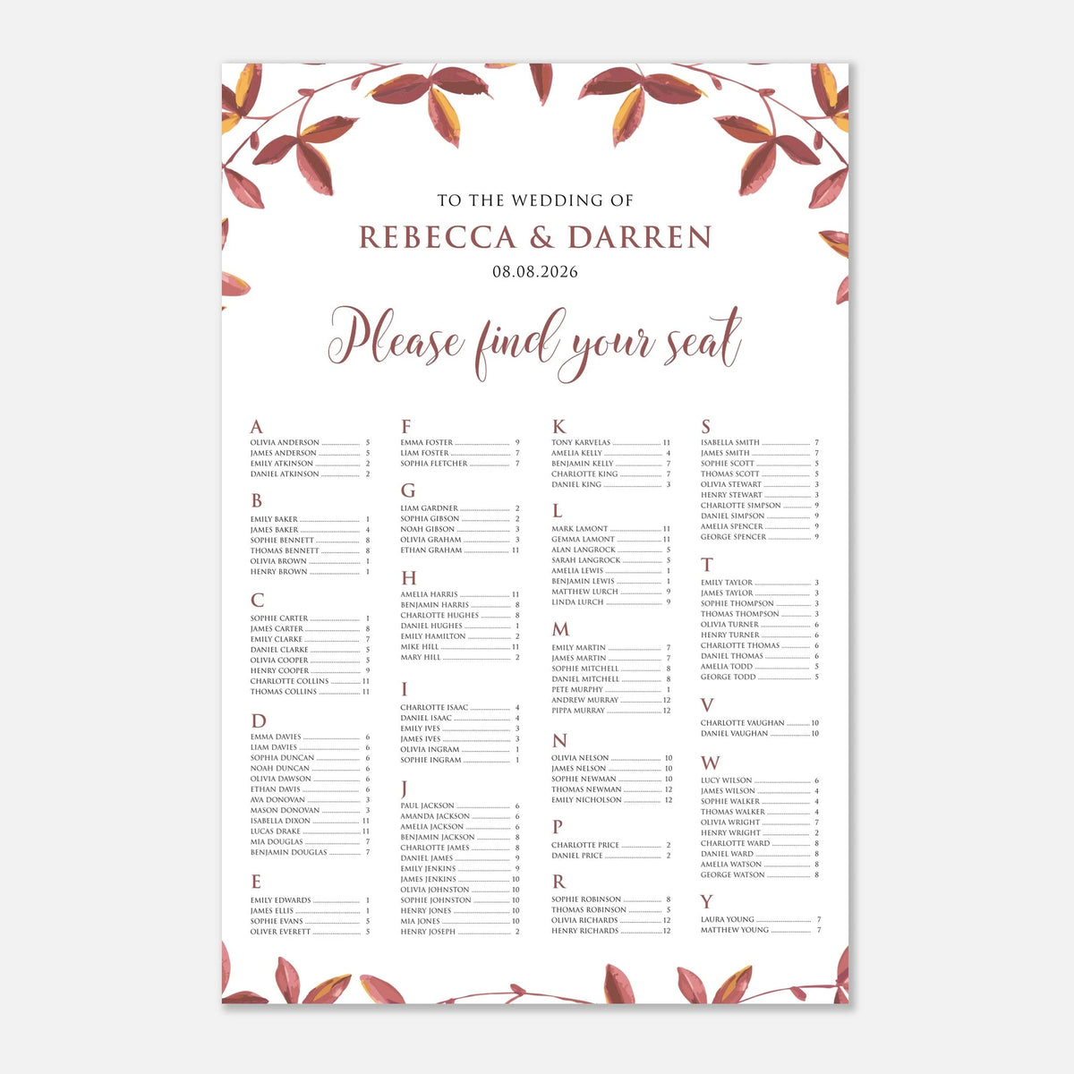 A wedding seating chart print with a white background, elegant rose gold script text, and a border of muted red and brown autumn leaves at the top and bottom.
