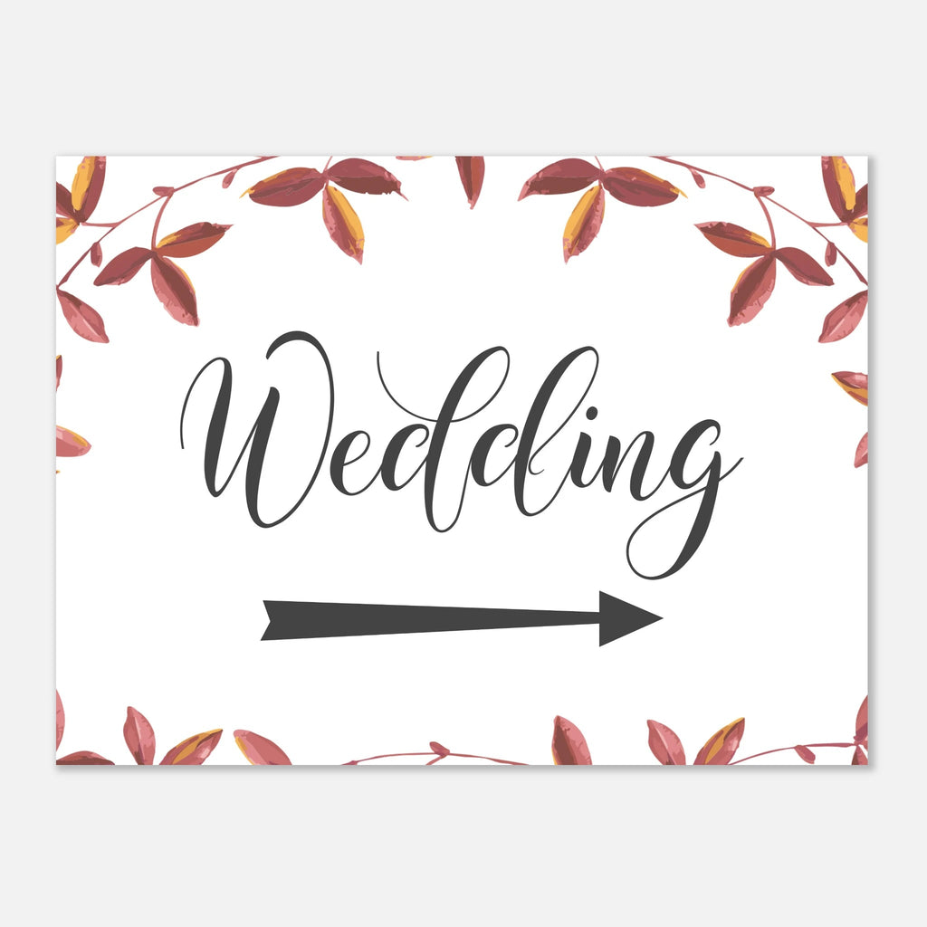 A wedding sign with a white background, a watercolor autumn leaf border in muted red, brown, and yellow tones, the word 'Wedding' in black script, and a black directional arrow pointing right.