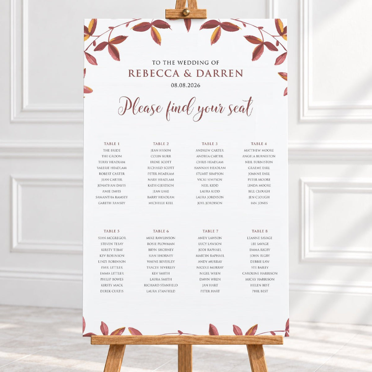 Autumnal Foliage Wedding Seating Chart by Table – Personalised 24 × 36″