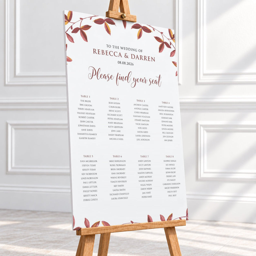 Autumnal Foliage Wedding Seating Chart by Table – Personalised 24 × 36″