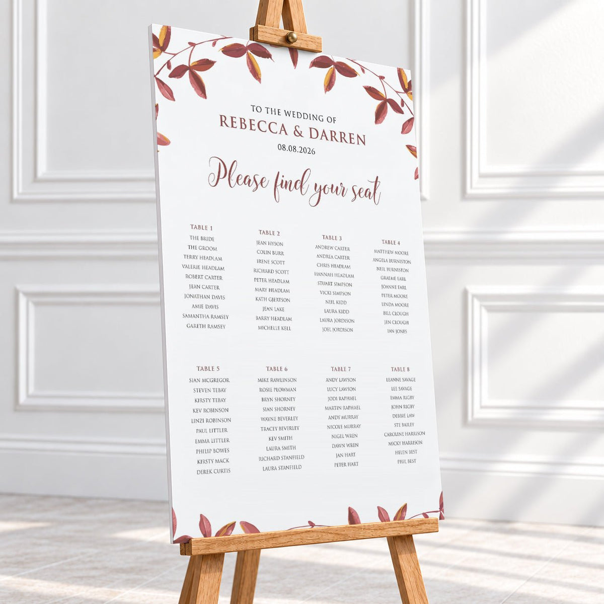 Autumnal Foliage Wedding Seating Chart by Table – Personalised 24 × 36″