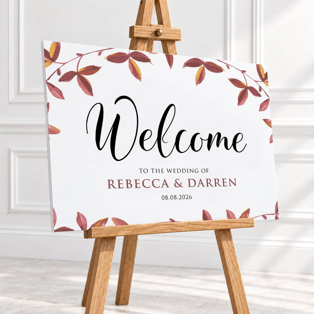 Personalised Autumnal Foliage Wedding Welcome Sign – 16 × 24″ or 24 × 26″